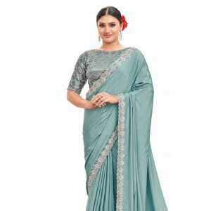 Exquisite Women's Pure Crepe Silk Firoji Saree with Dual Sequence Handwork